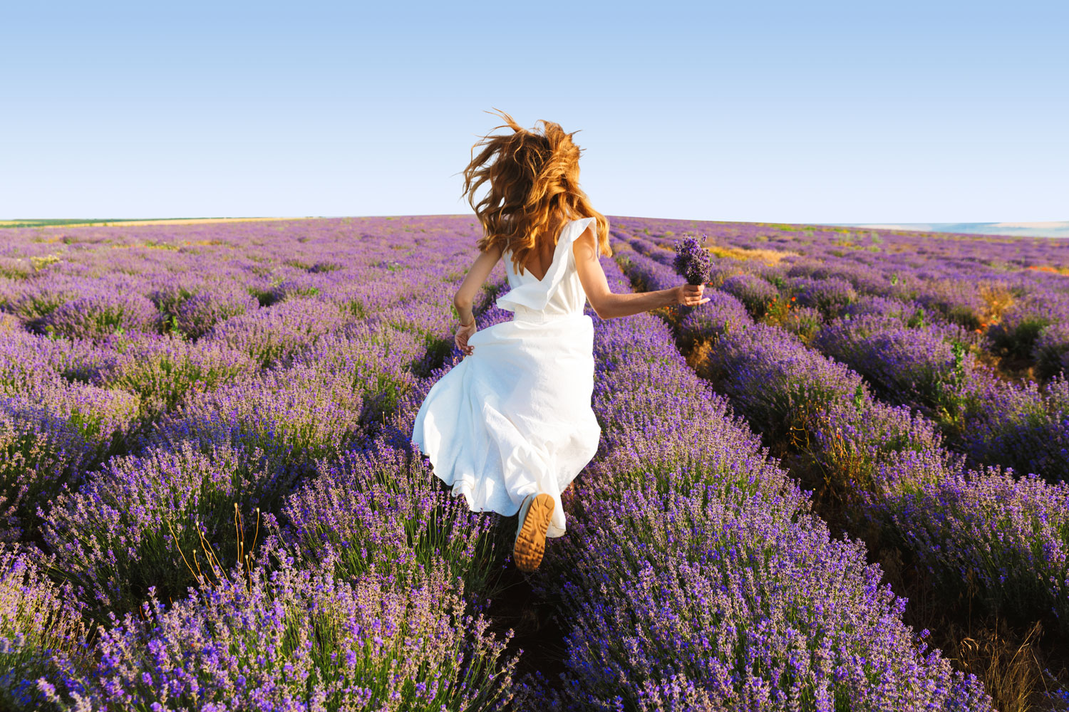 Woman running through lavender field